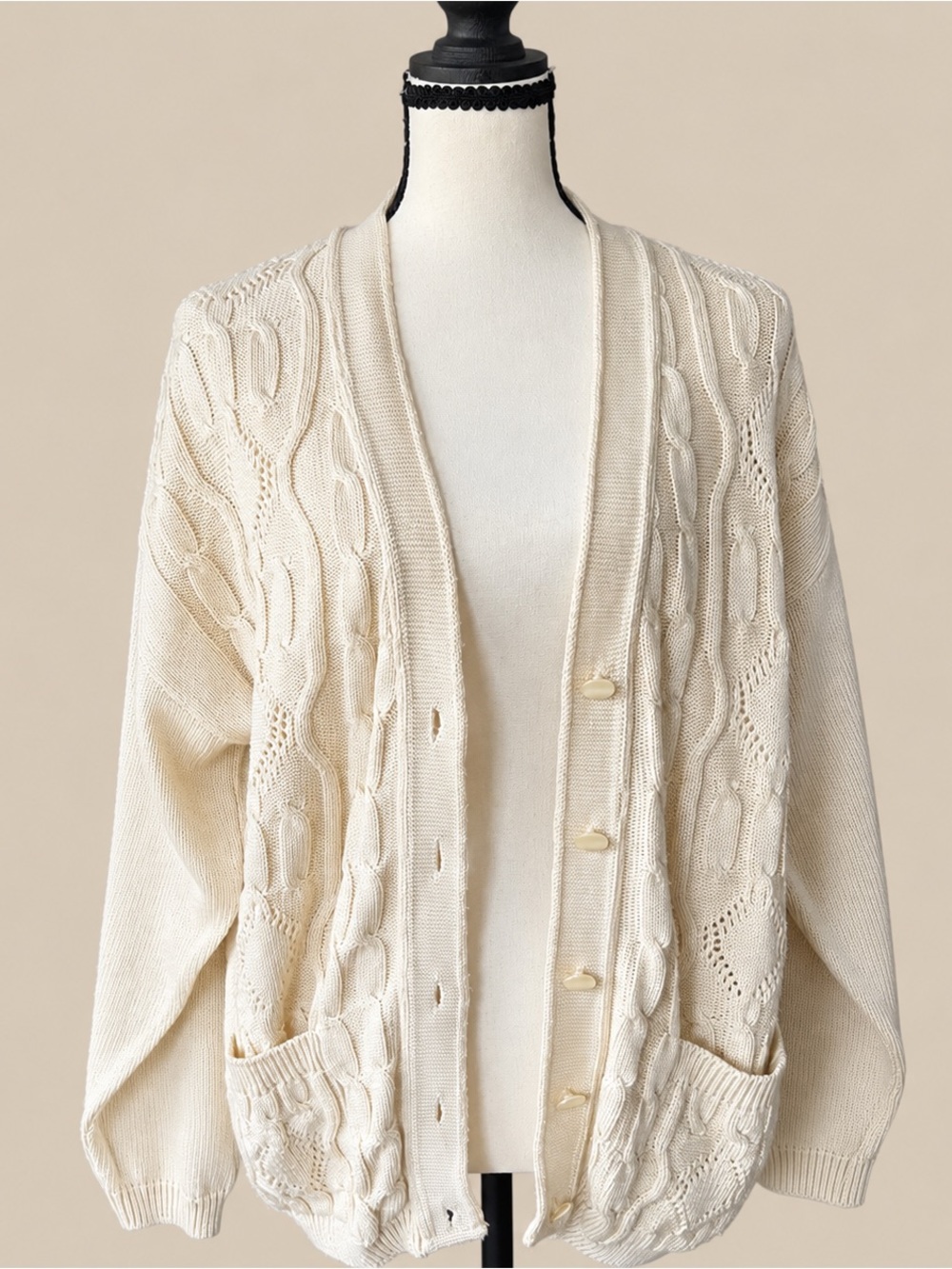 CottageCore Hand-Knit Cream Cable Knit Cardigan L